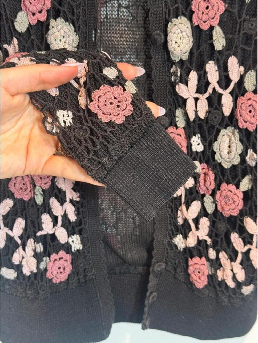 Vintage black floral embroidered mesh cardigan sheer rose y2k fairycore boho - Picture 6 of 9
